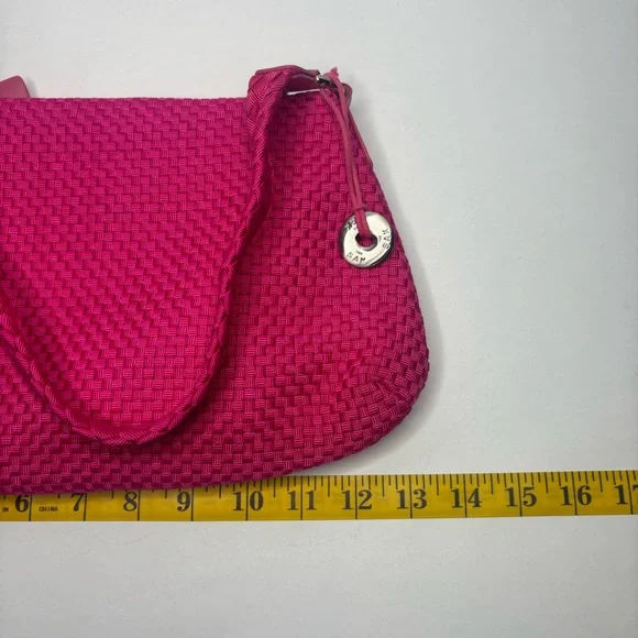 The Sak Woven Pink Fuchsia Cotton Silver Charm Zip Shoulder Bag NWOT - Picture 13 of 13